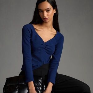 Maeve by Anthropologie Navy Blue Ruched V-neck Blouse | Small